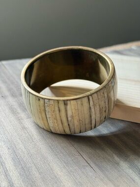Vintage Bone Inlay Bangle – Brass Interior – Wide Boho Bracelet